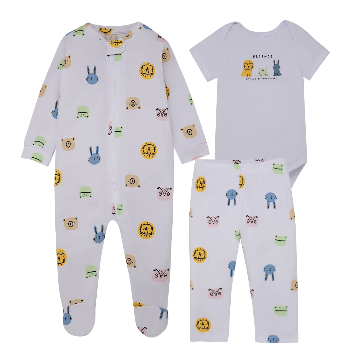 Conjunto pijama body con pantalón y poleron para recién nacido unisex