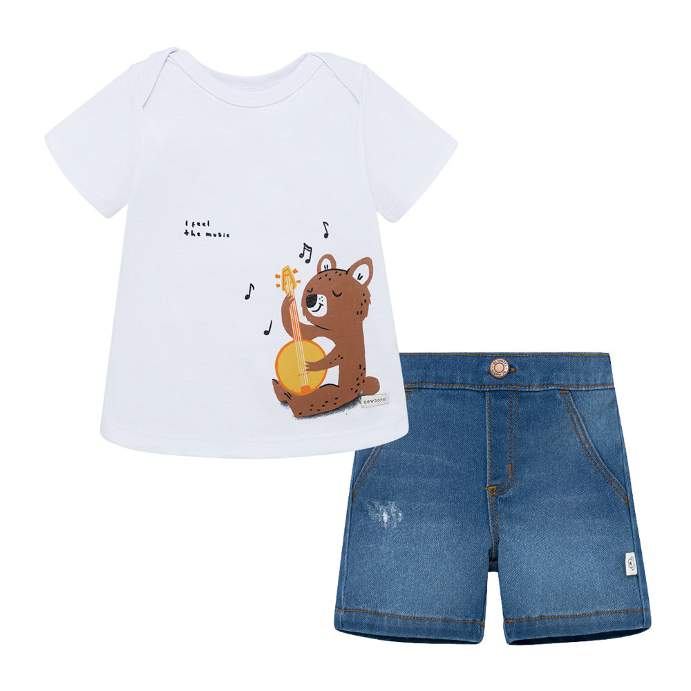 Conjunto corto de polera blanca bermuda en denim para recién nacido niño