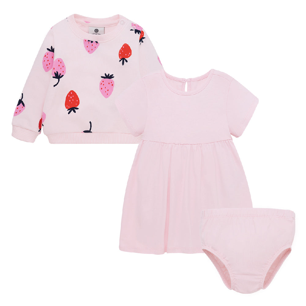 Conjunto de vestido, buzo y calzón para recién nacida niña