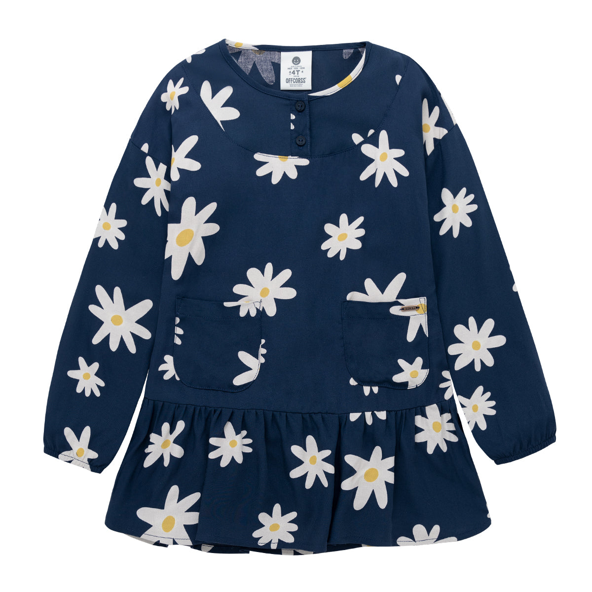 Vestido margaritas manga larga con puños en elástico para bebé niña